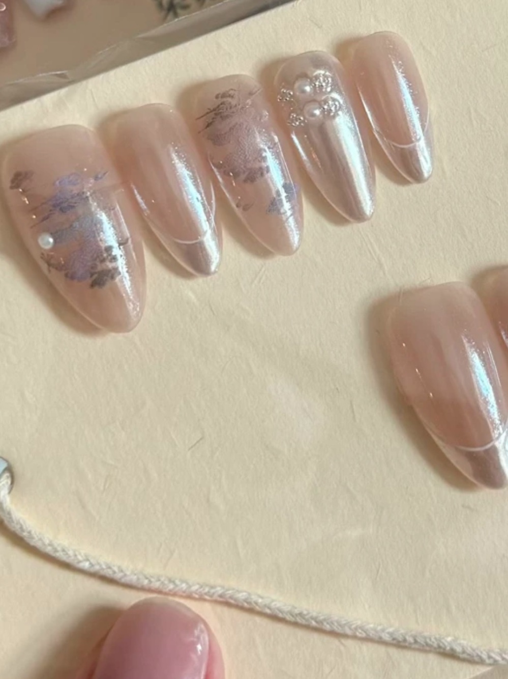 Hand made Pearlescent Nude Press-On Nails with Pearl & Foil Accents